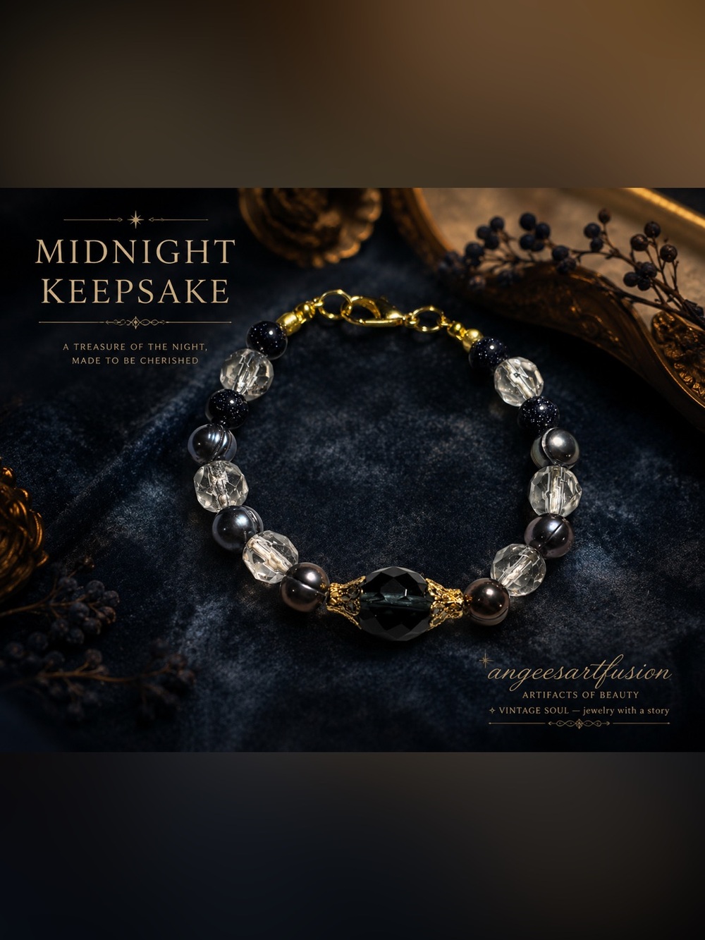 “Midnight Keepsake” Bracelet - Freshwater Pearls & Vintage Czech Glass